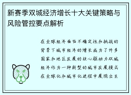 新赛季双城经济增长十大关键策略与风险管控要点解析